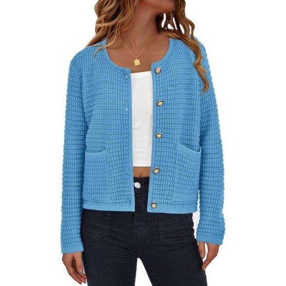 Women's Knit Cardigan Sweater – Chunky Button Down Open Front Jacket Blue Medium - Picture 1 of 8